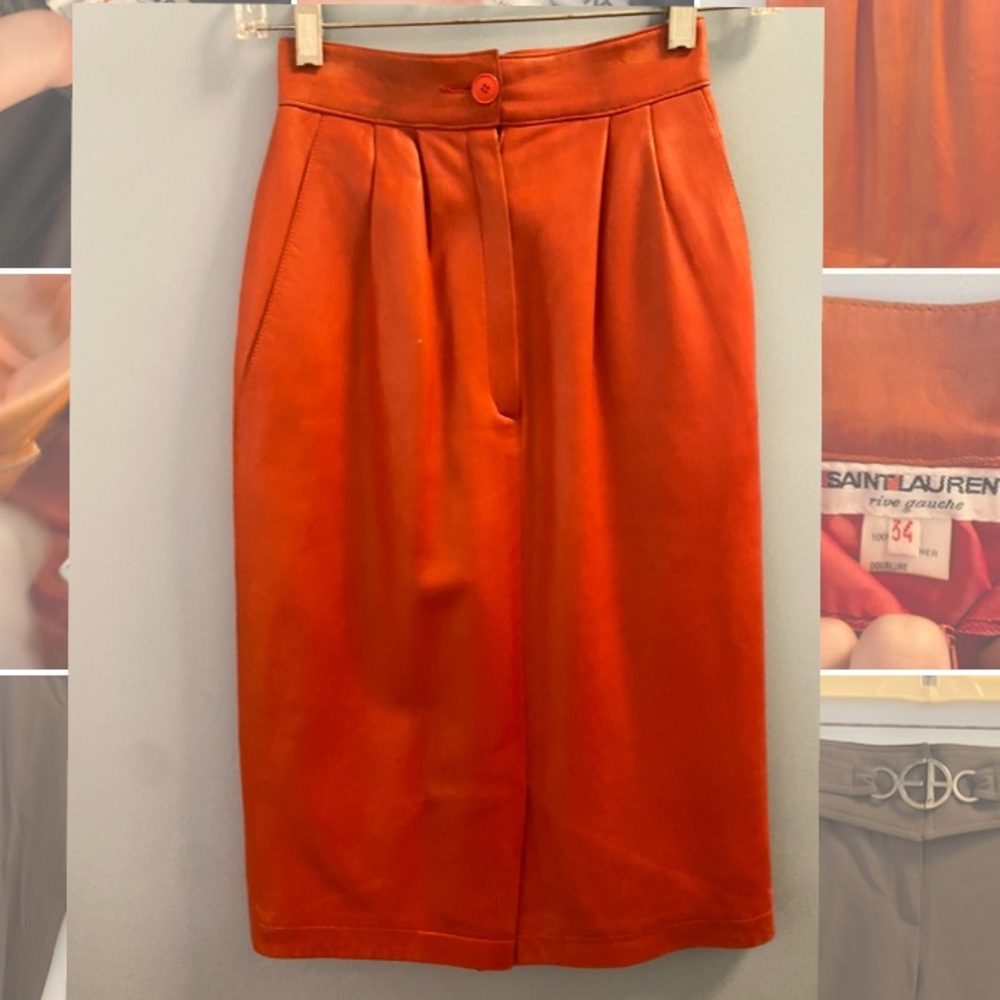 Vintage red leather Saint Laurent skirt.